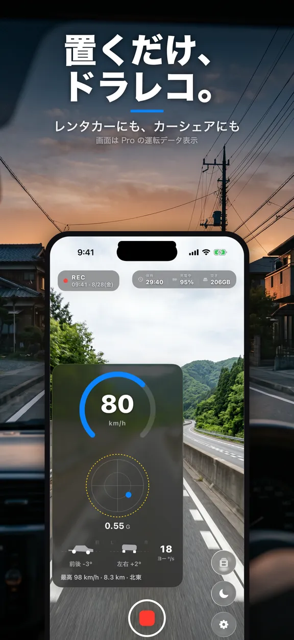 録画中の画面。夕暮れの路上をフロントガラス越しに映し、速度 80km/h の円弧メーターと G のトラクションサークルが重なっている