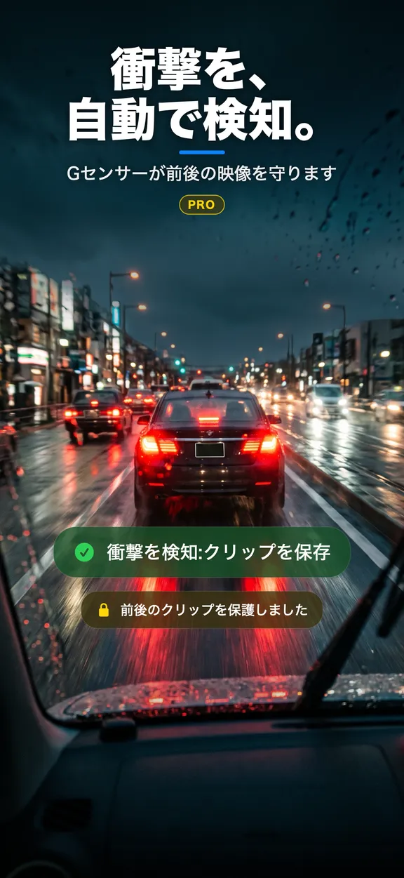雨の夜の走行中に衝撃を検知し、前後のクリップを自動保護した通知が出ている画面