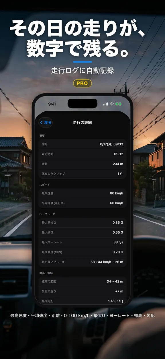 走行の詳細画面。走行時間・距離・最高/平均速度・最大 G・ヨーレート・標高と勾配が一覧で残る